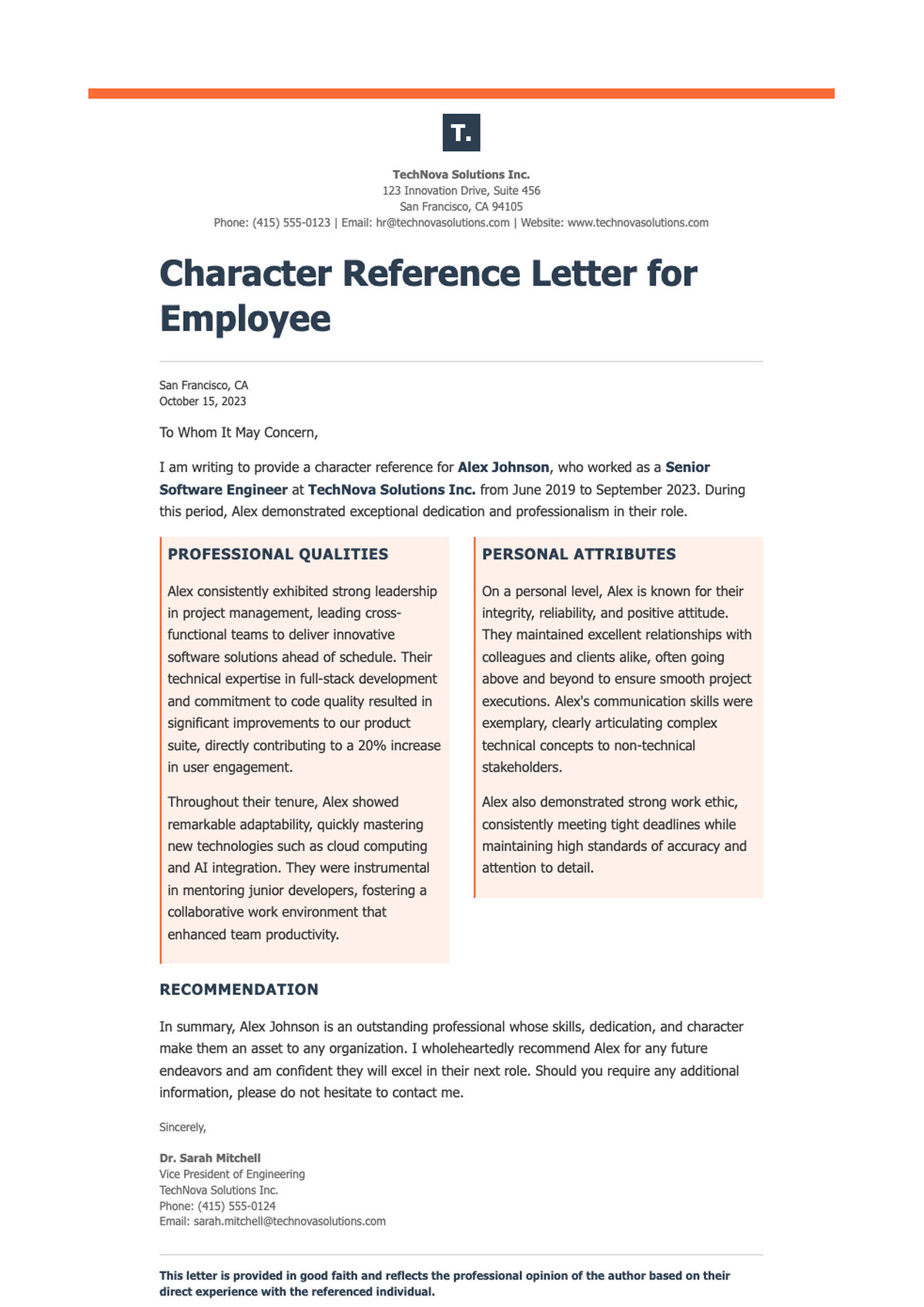 Professional character reference letter for employee template_variant_1
